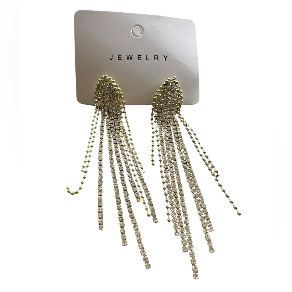Gold and Rhinestone Long Tassled Earrings